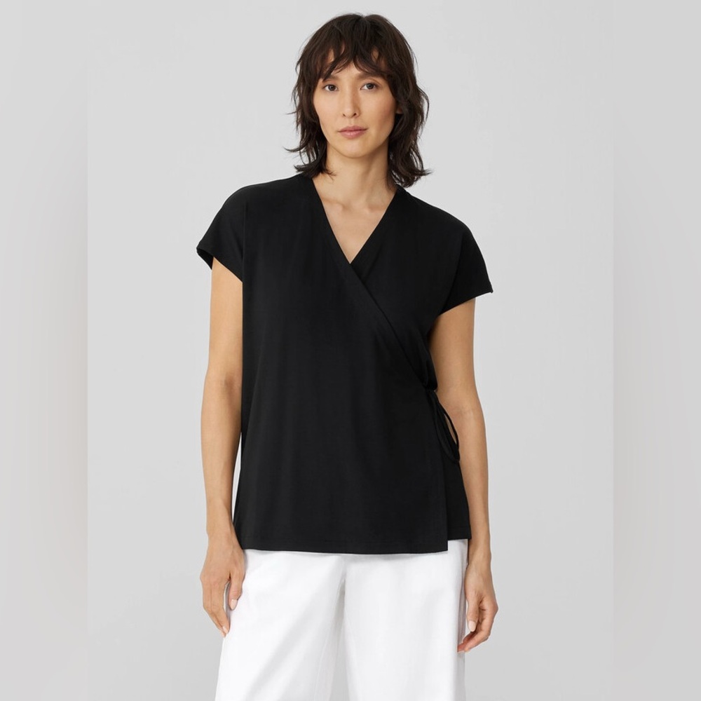 Eileen Fisher Black Quiet Luxury Fine Jersey Wrap Top Sz XXS-SMALL Classic Prep